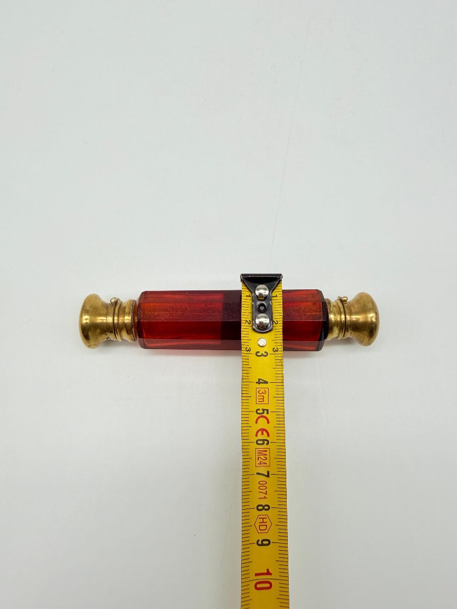 Double Cranberry-tinted Crystal Travelling Scent Bottle, France, 19th Century-photo-7