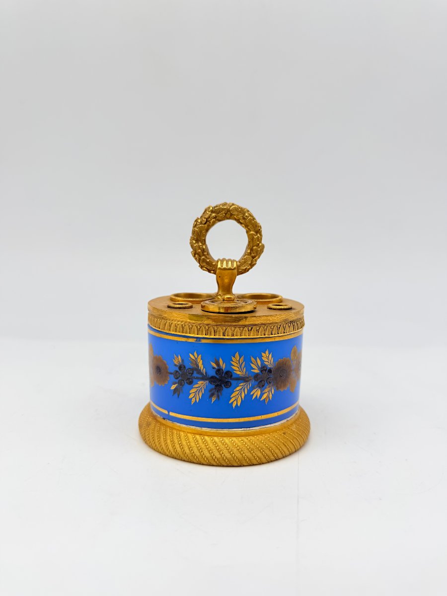 Encrier de bureau en opaline bleu cobalt et bronze doré, époque Charles X, vers 1830-photo-2