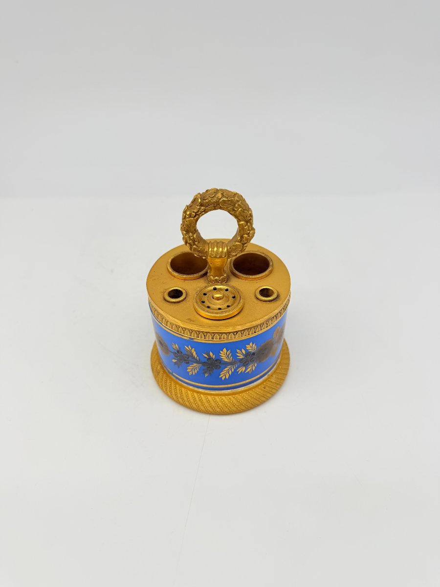 Encrier de bureau en opaline bleu cobalt et bronze doré, époque Charles X, vers 1830-photo-3