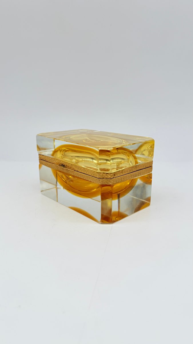 Murano Blown And Cut Glass Box With Amber Interior, Italy, 20th Century