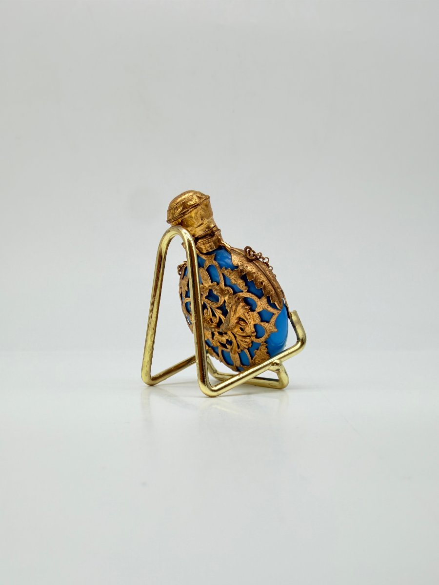 Rare Turquoise Blue Opaline Pocket Scent Bottle With Gilt Cage Mount, Napoleon III Period-photo-2