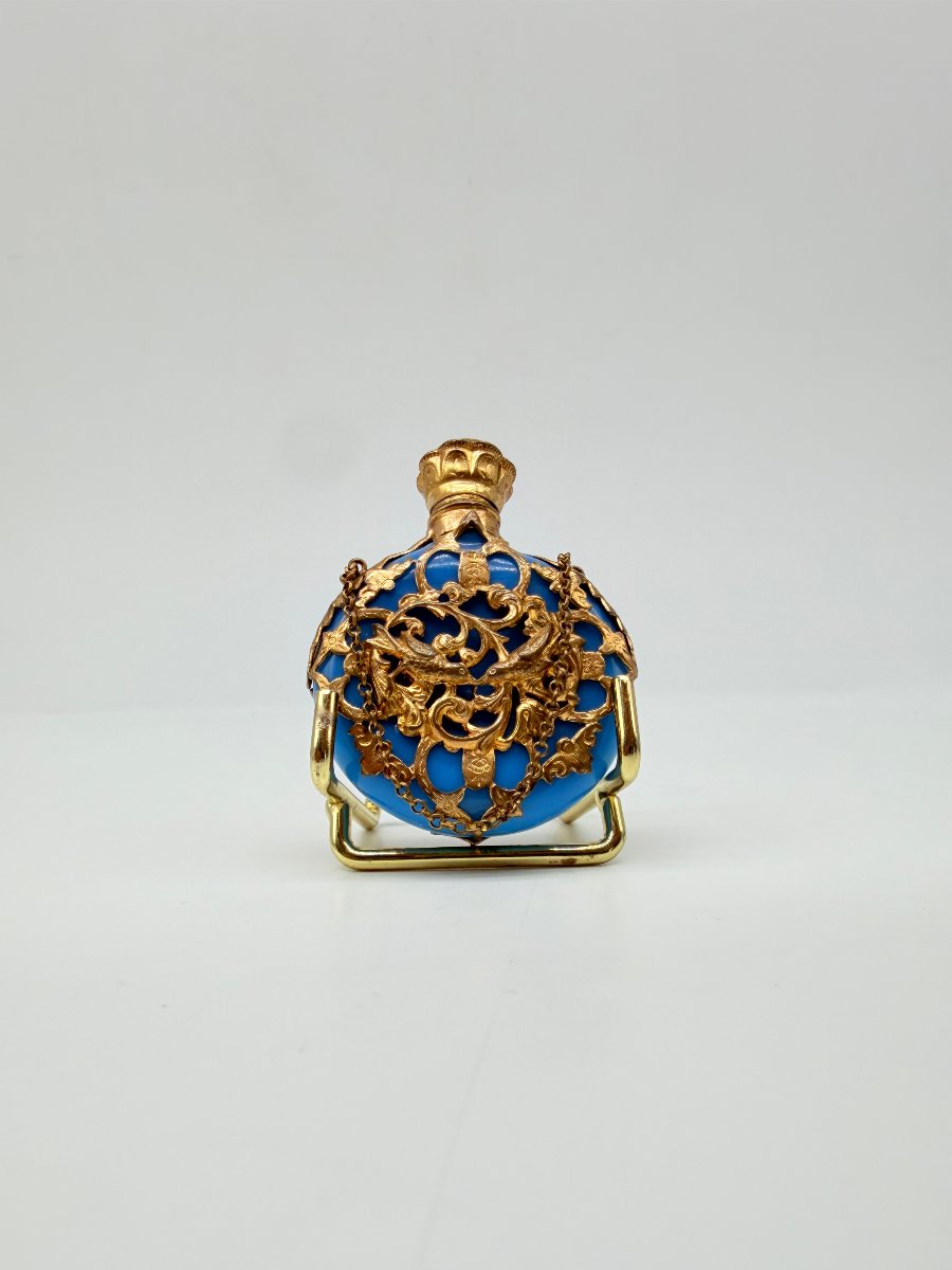 Rare Turquoise Blue Opaline Pocket Scent Bottle With Gilt Cage Mount, Napoleon III Period-photo-3