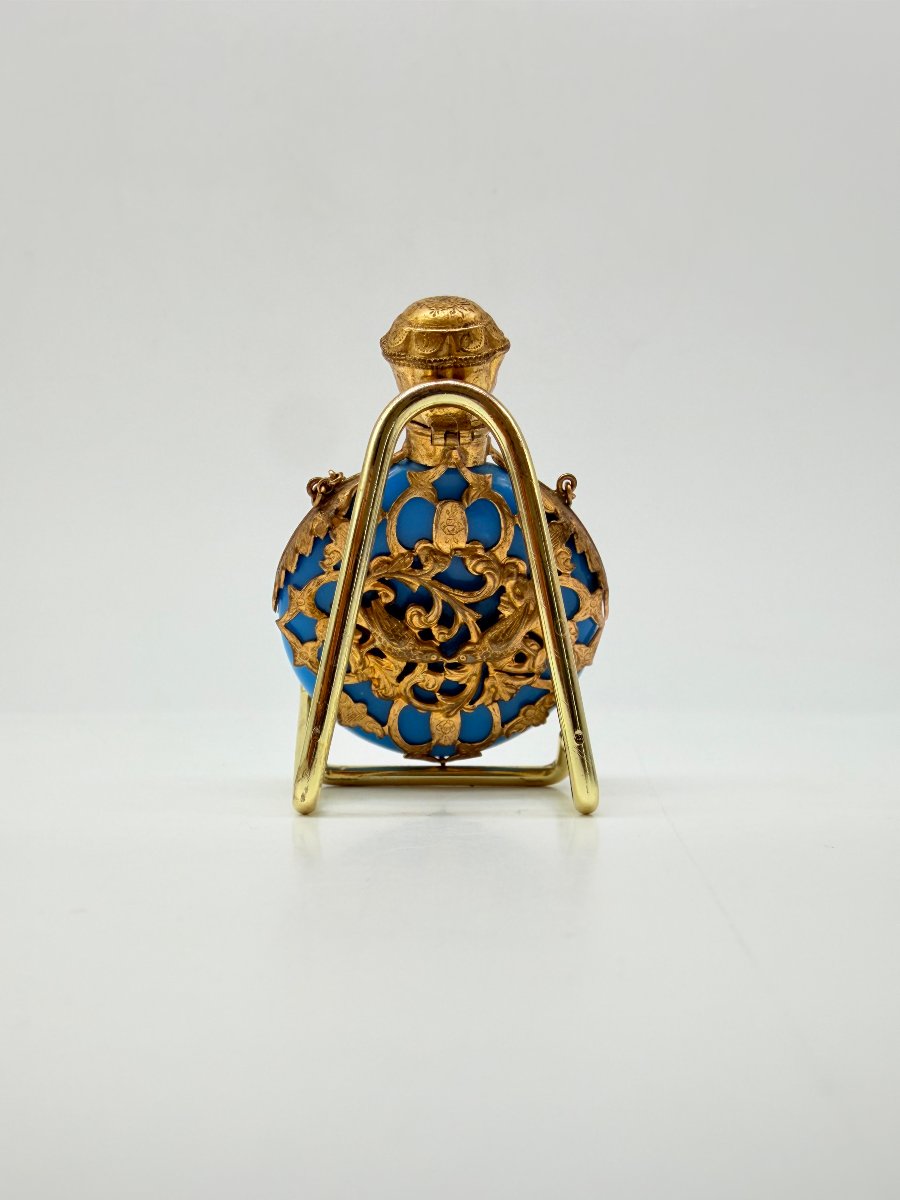 Rare Turquoise Blue Opaline Pocket Scent Bottle With Gilt Cage Mount, Napoleon III Period-photo-4