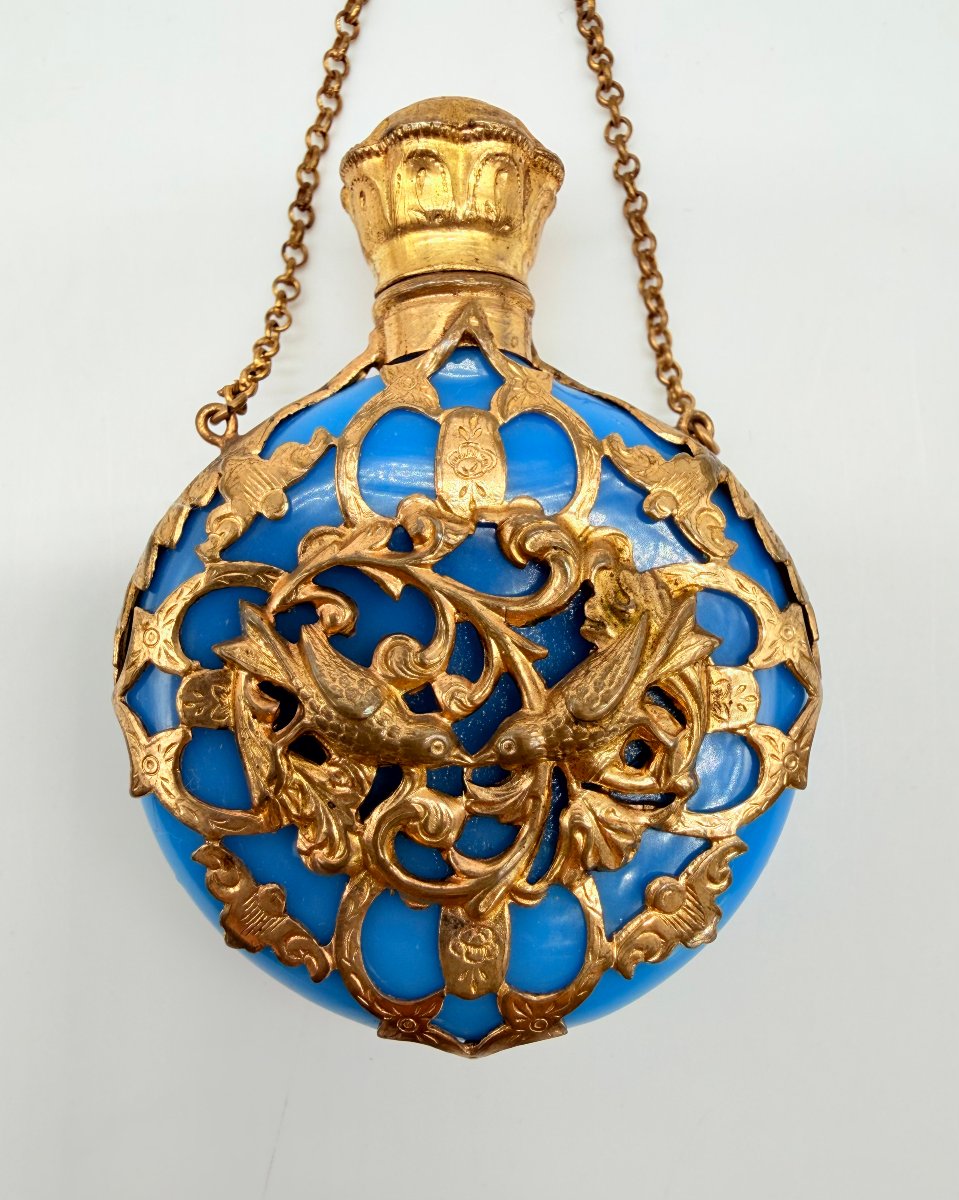 Rare Turquoise Blue Opaline Pocket Scent Bottle With Gilt Cage Mount, Napoleon III Period-photo-1