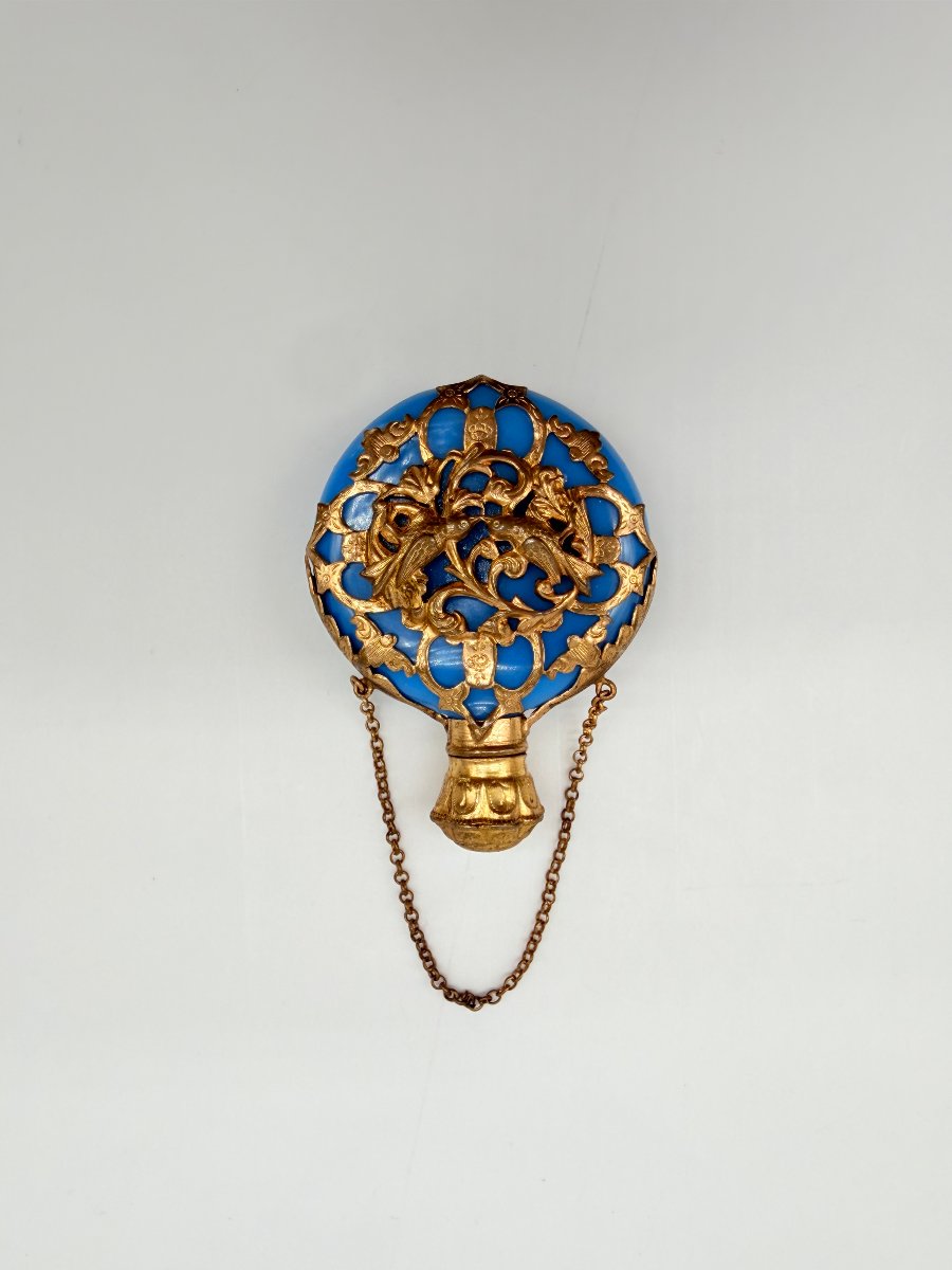 Rare Turquoise Blue Opaline Pocket Scent Bottle With Gilt Cage Mount, Napoleon III Period-photo-4