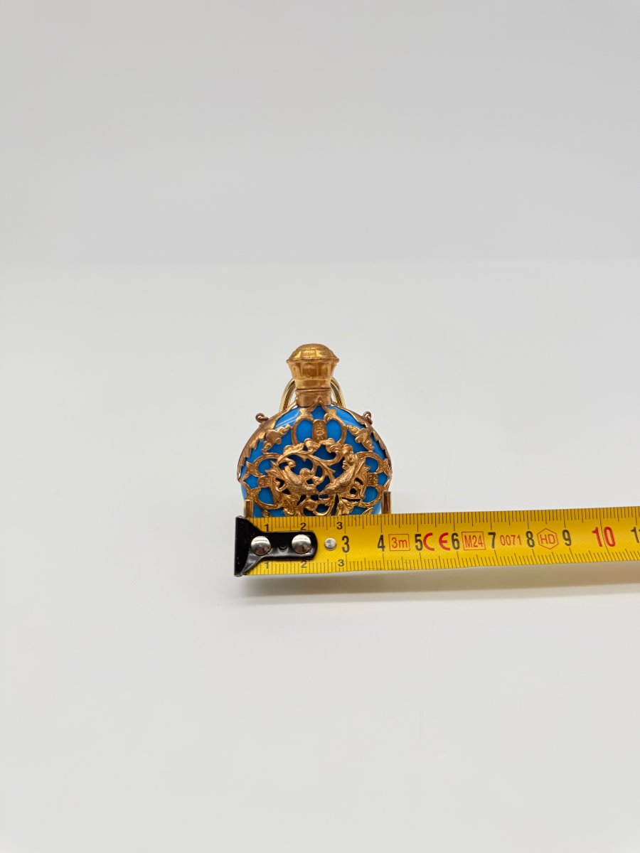 Rare Turquoise Blue Opaline Pocket Scent Bottle With Gilt Cage Mount, Napoleon III Period-photo-6