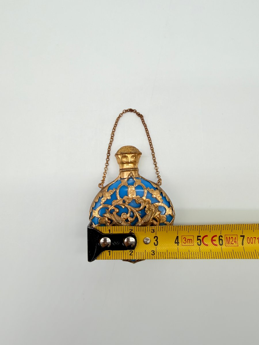 Rare Turquoise Blue Opaline Pocket Scent Bottle With Gilt Cage Mount, Napoleon III Period-photo-7