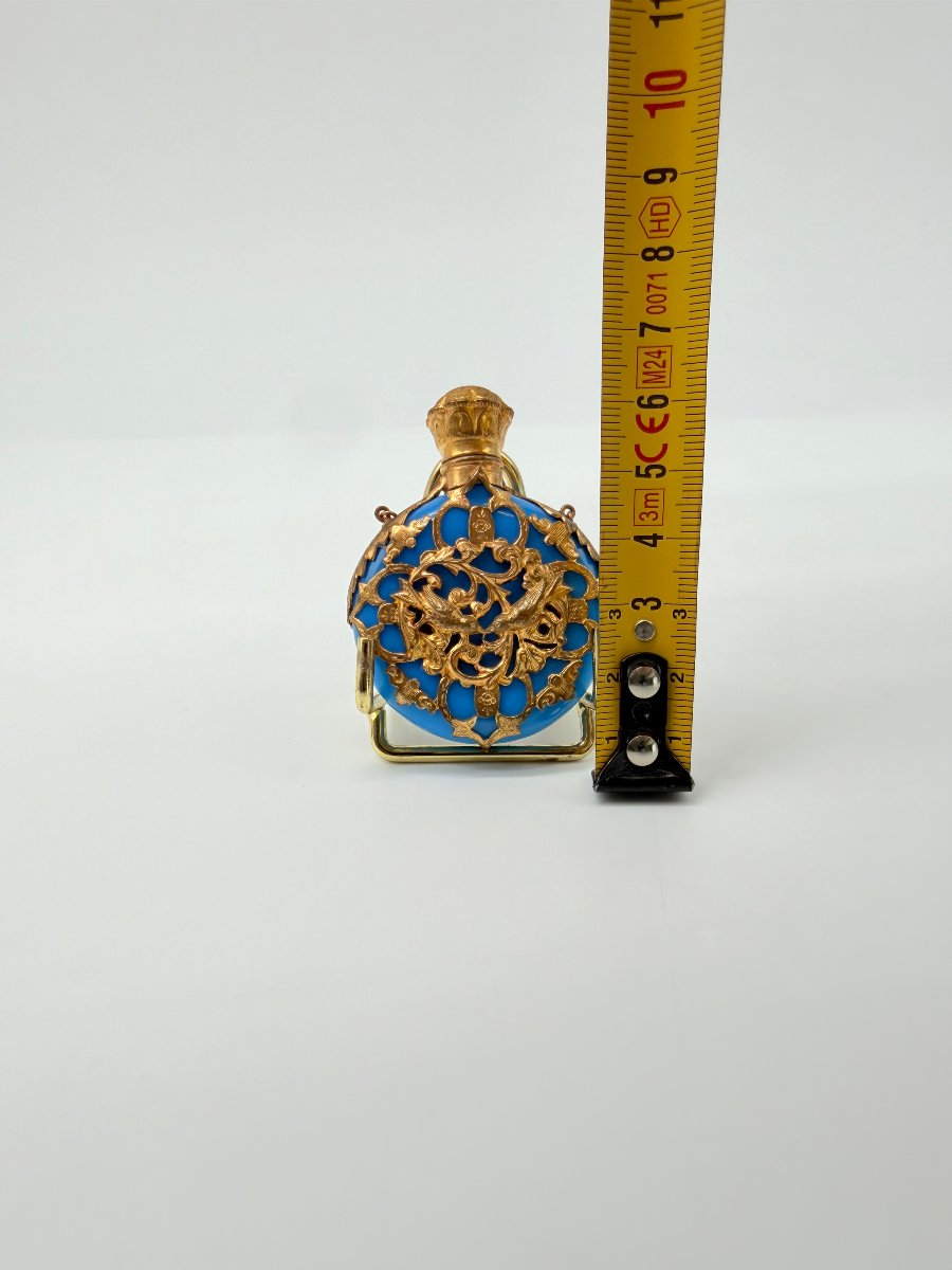 Rare Turquoise Blue Opaline Pocket Scent Bottle With Gilt Cage Mount, Napoleon III Period-photo-8