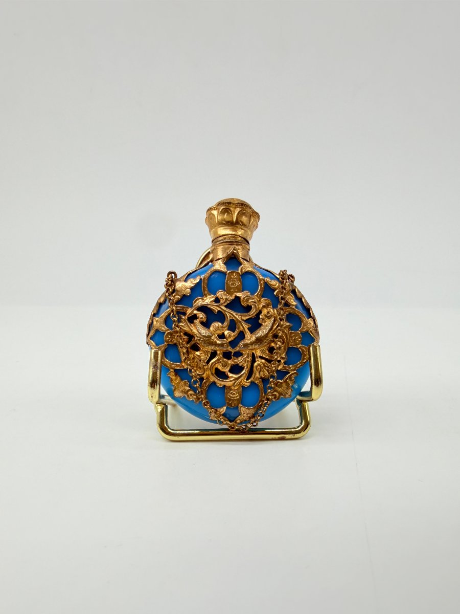 Rare Turquoise Blue Opaline Pocket Scent Bottle With Gilt Cage Mount, Napoleon III Period