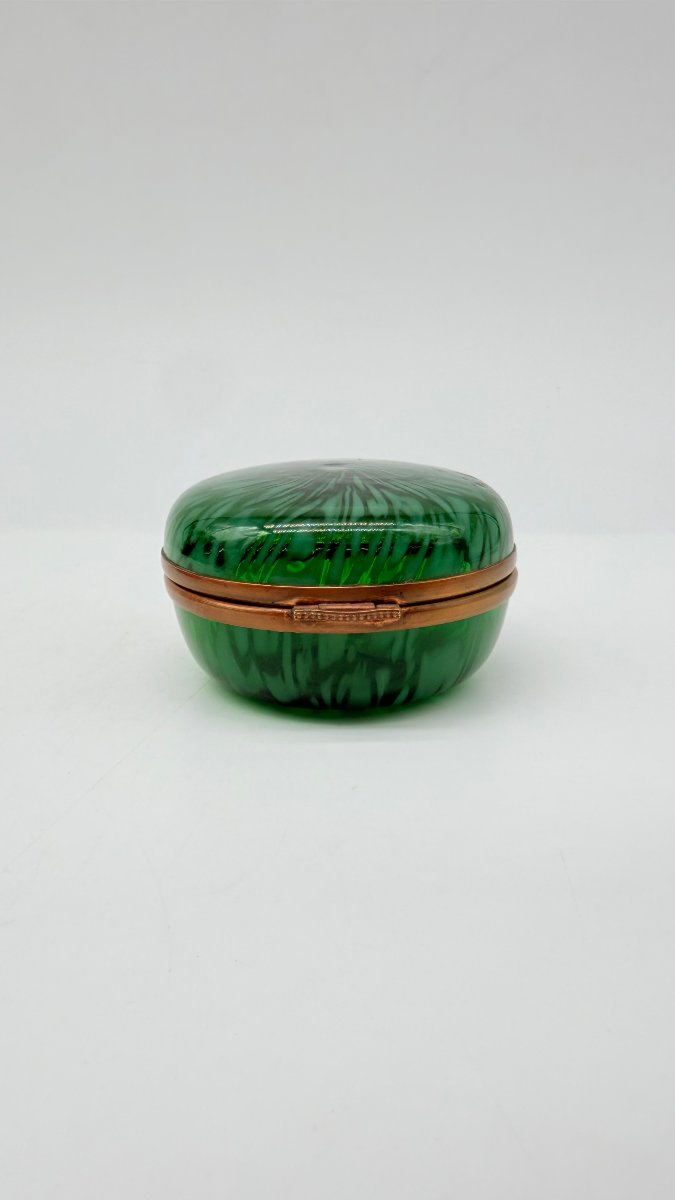 Boîte circulaire en verre de Murano vert jaspé, Italie, XXe siècle-photo-2
