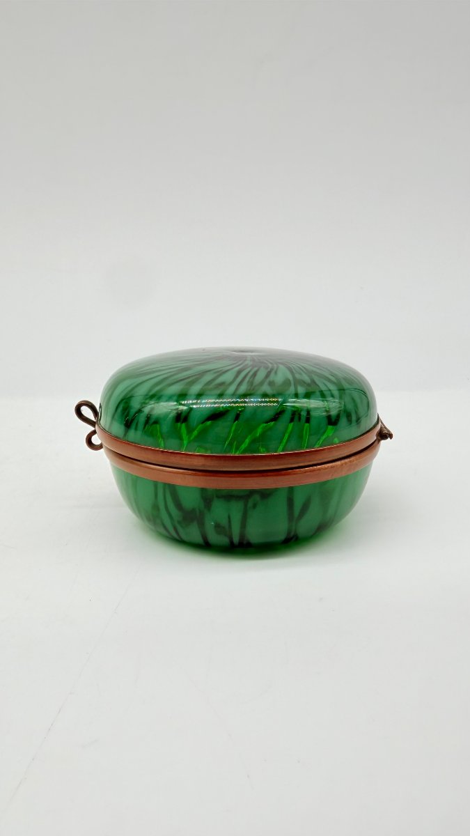 Boîte circulaire en verre de Murano vert jaspé, Italie, XXe siècle-photo-3