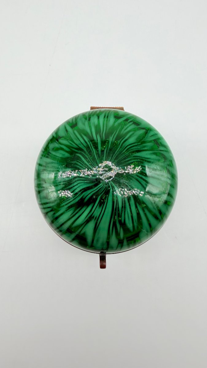 Boîte circulaire en verre de Murano vert jaspé, Italie, XXe siècle-photo-1