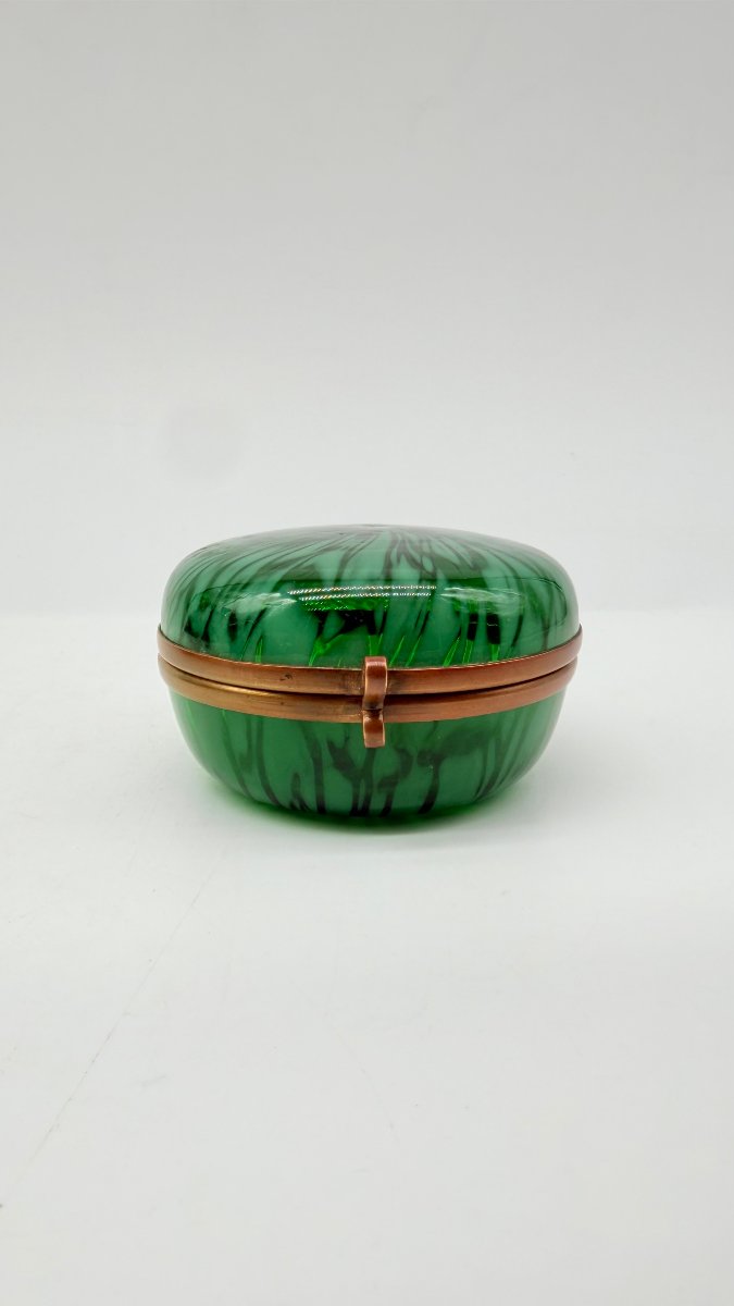 Boîte circulaire en verre de Murano vert jaspé, Italie, XXe siècle-photo-3