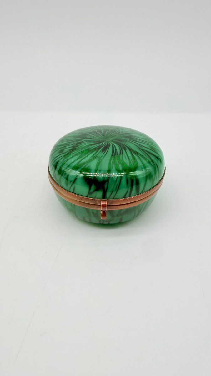 Boîte circulaire en verre de Murano vert jaspé, Italie, XXe siècle-photo-4