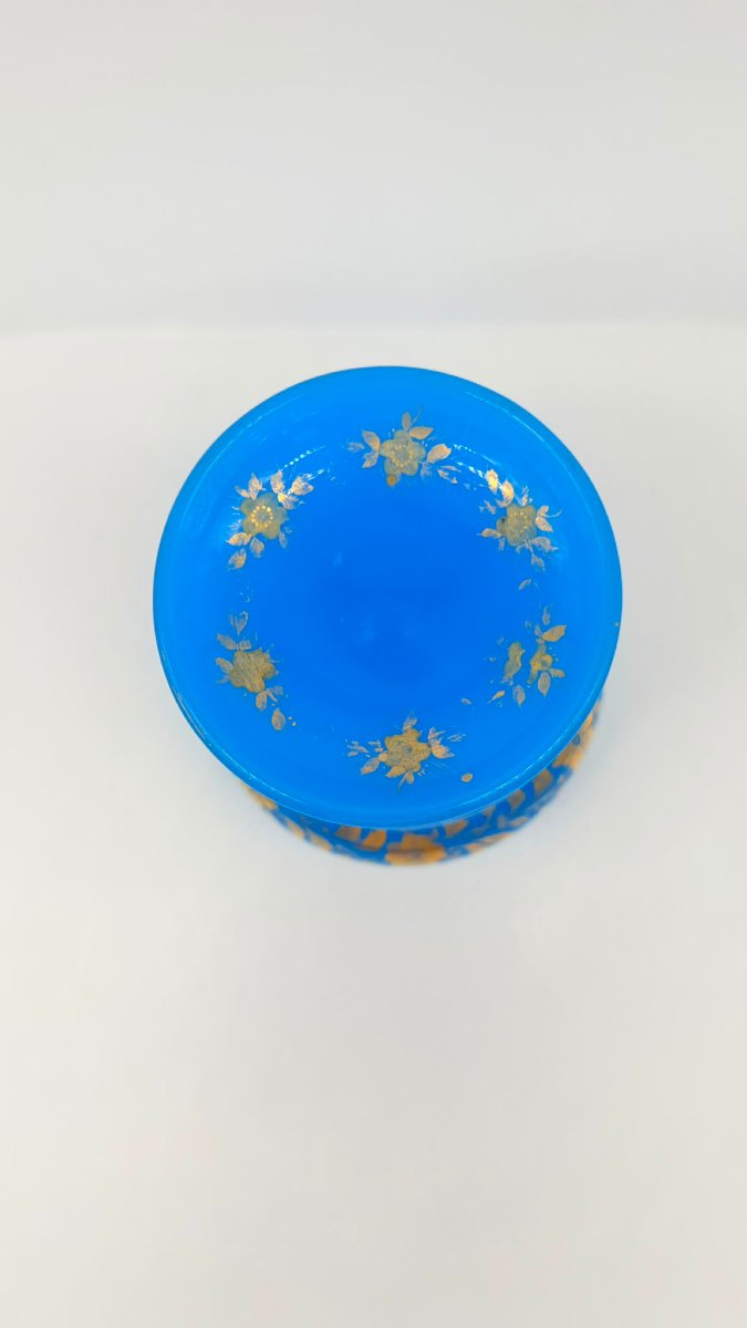 Rare Turquoise Blue Opaline Sponge Pot With Gold Enamel Decoration, Circa 1850-photo-2