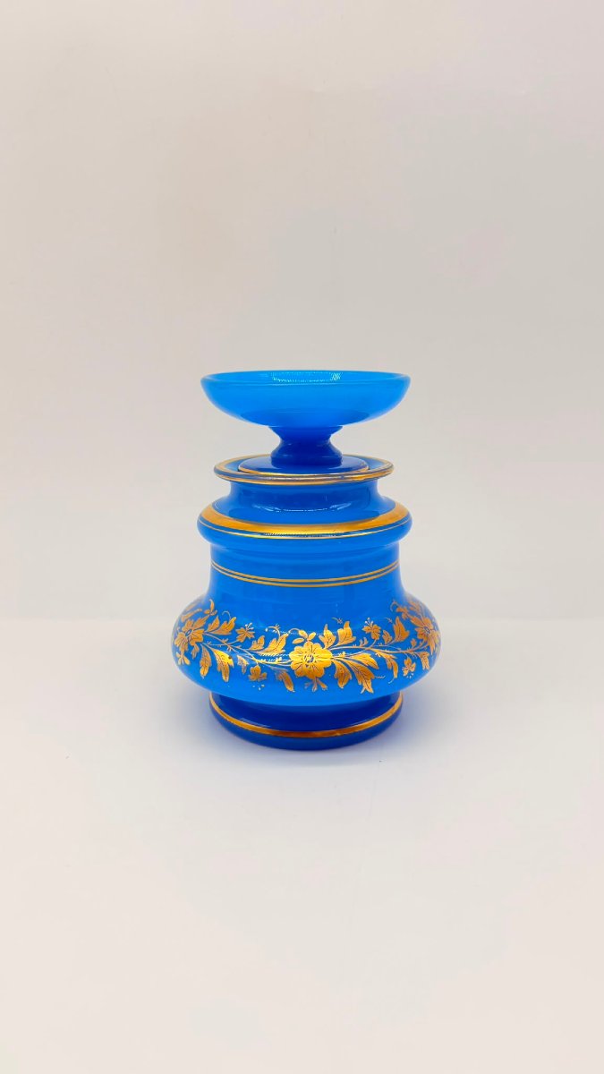 Rare Turquoise Blue Opaline Sponge Pot With Gold Enamel Decoration, Circa 1850