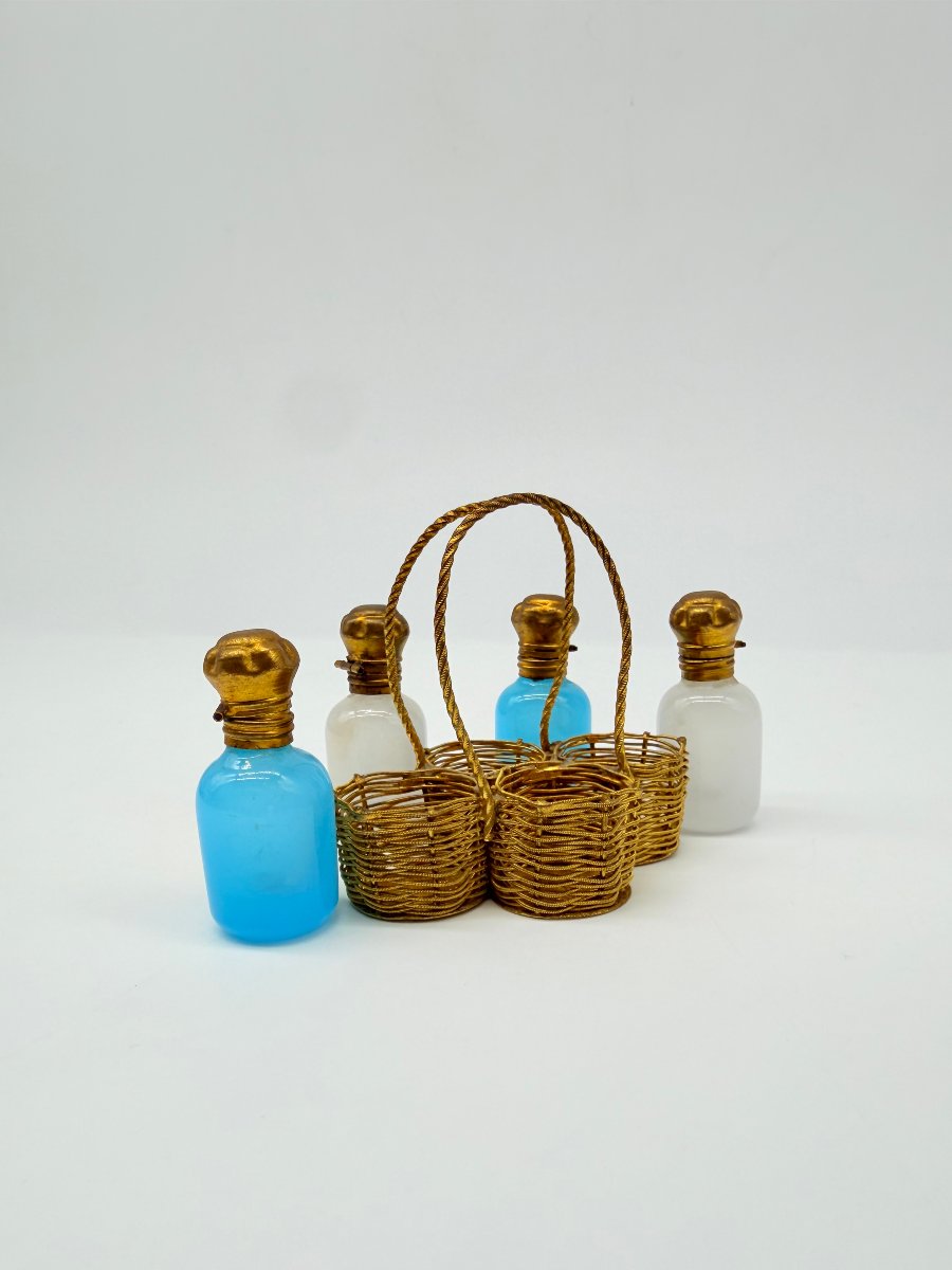 Napoleon III Miniature Travel Necessaire With Opaline Scent Bottles And Gilt Brass