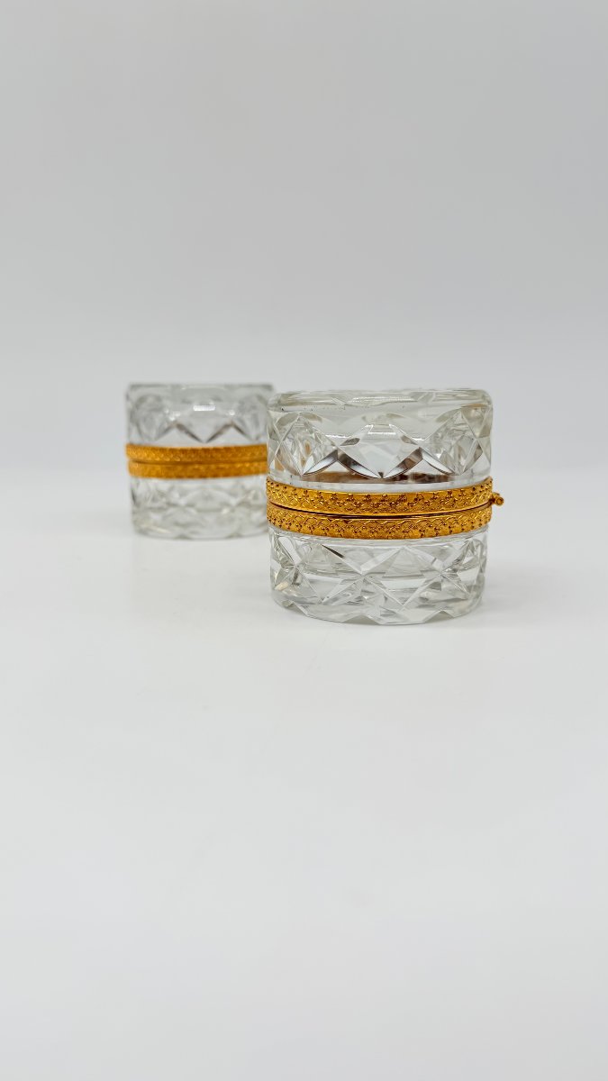     Baccarat, Pair Of Cut Crystal And Gilt Bronze Covered Boxes
