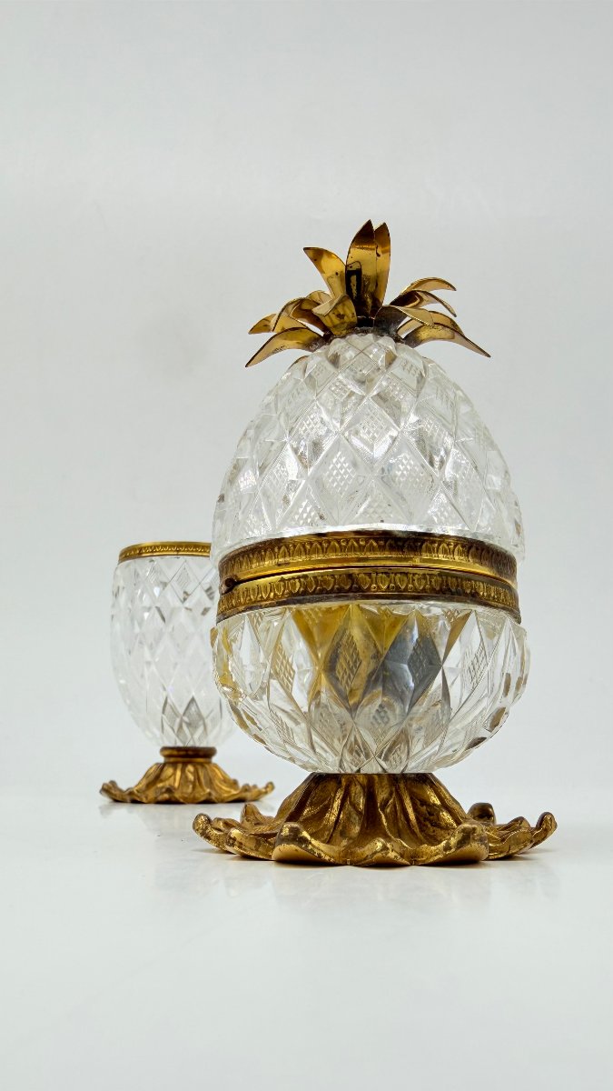  Paire de boîtes couvertes formant ananas en cristal taillé et bronze doré, époque Charles X-photo-2