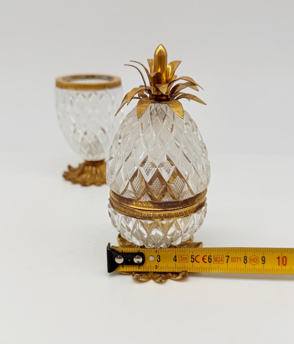  Paire de boîtes couvertes formant ananas en cristal taillé et bronze doré, époque Charles X-photo-3