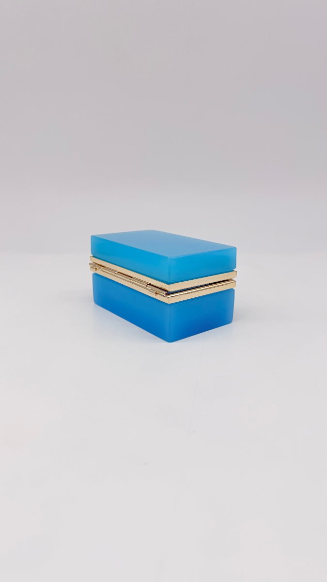 Boite rectangulaire en opaline bleu céleste et brozne doré. Epoque Napoléon III. -photo-2