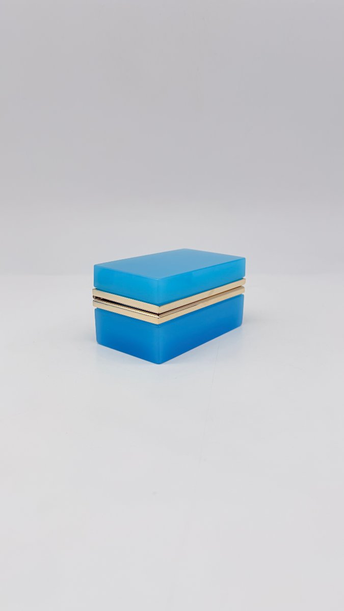 Boite rectangulaire en opaline bleu céleste et brozne doré. Epoque Napoléon III. -photo-4