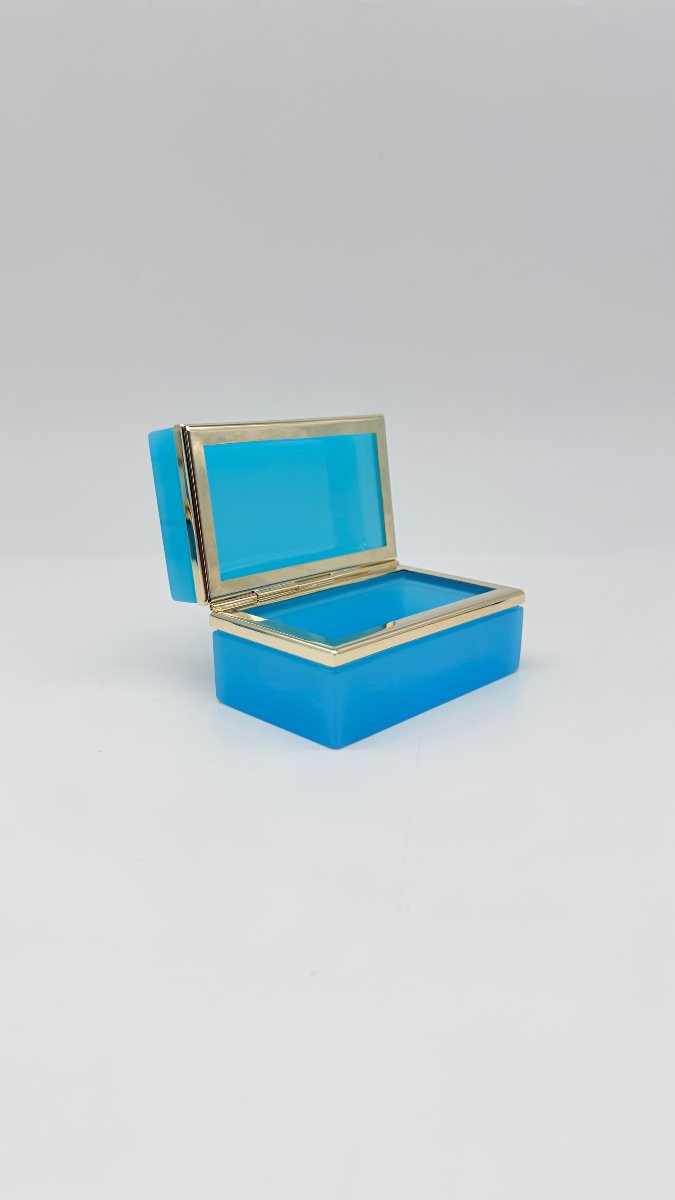 Boite rectangulaire en opaline bleu céleste et brozne doré. Epoque Napoléon III. -photo-2