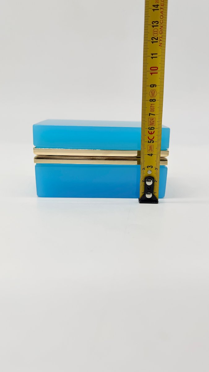 Boite rectangulaire en opaline bleu céleste et brozne doré. Epoque Napoléon III. -photo-3