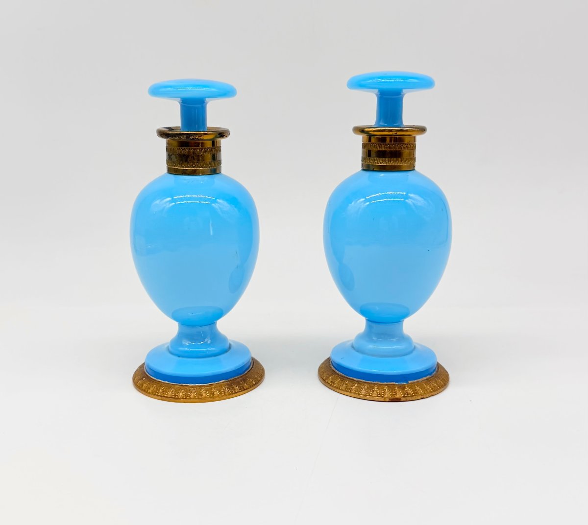 Pair Of Azure Blue Opaline Perfume Flasks With Gilt Bronze Mounts, Charles X Period  -photo-2