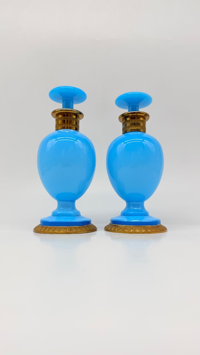 Pair Of Azure Blue Opaline Perfume Flasks With Gilt Bronze Mounts, Charles X Period  -photo-3
