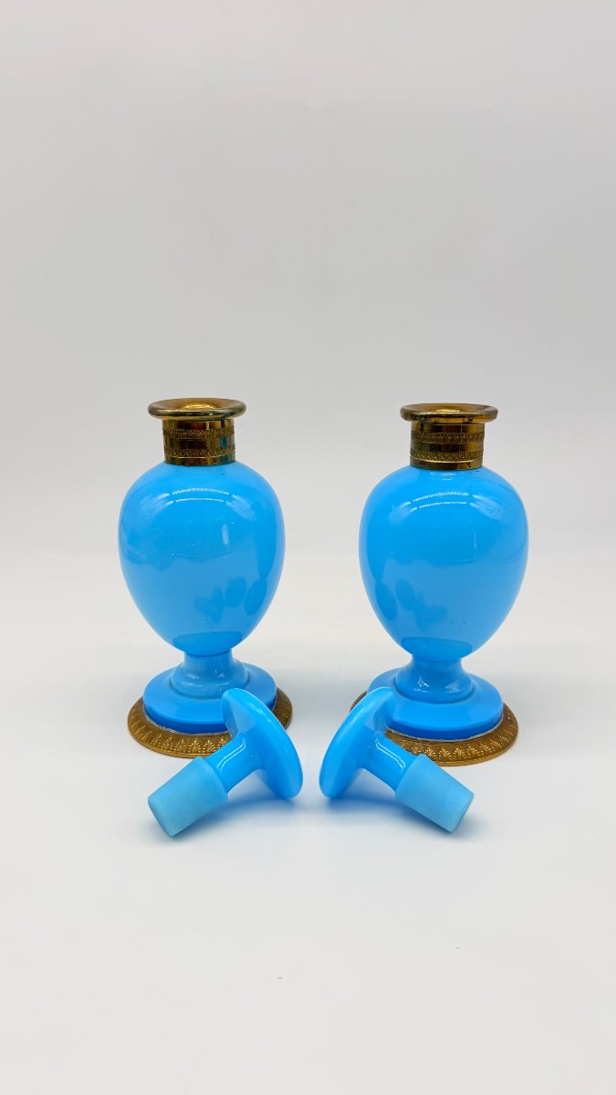 Pair Of Azure Blue Opaline Perfume Flasks With Gilt Bronze Mounts, Charles X Period  -photo-4