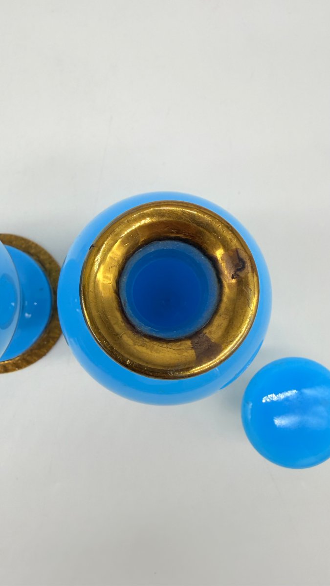 Pair Of Azure Blue Opaline Perfume Flasks With Gilt Bronze Mounts, Charles X Period  -photo-1