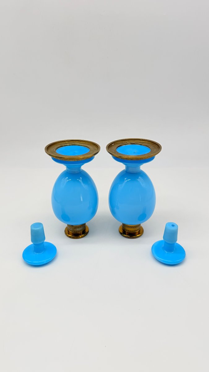 Pair Of Azure Blue Opaline Perfume Flasks With Gilt Bronze Mounts, Charles X Period  -photo-2