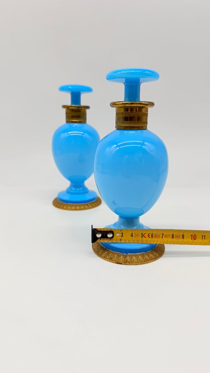 Pair Of Azure Blue Opaline Perfume Flasks With Gilt Bronze Mounts, Charles X Period  -photo-6