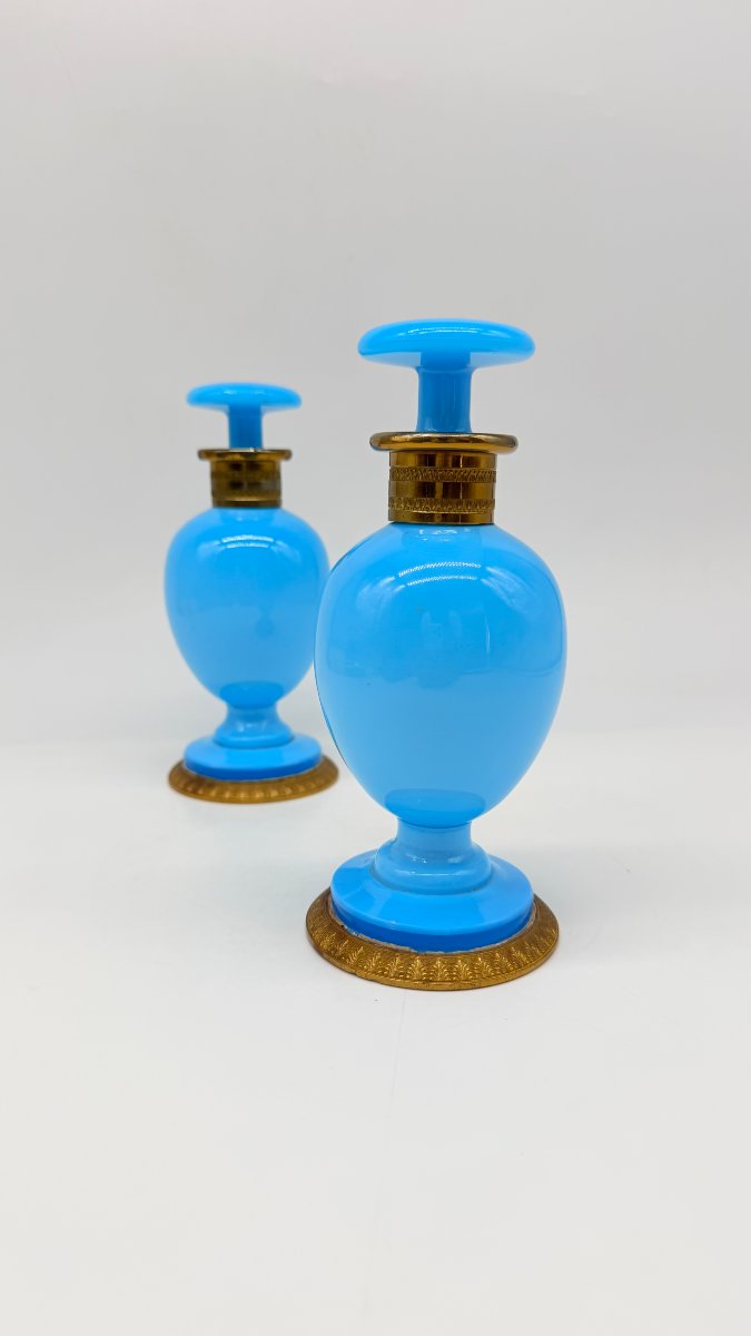 Pair Of Azure Blue Opaline Perfume Flasks With Gilt Bronze Mounts, Charles X Period  