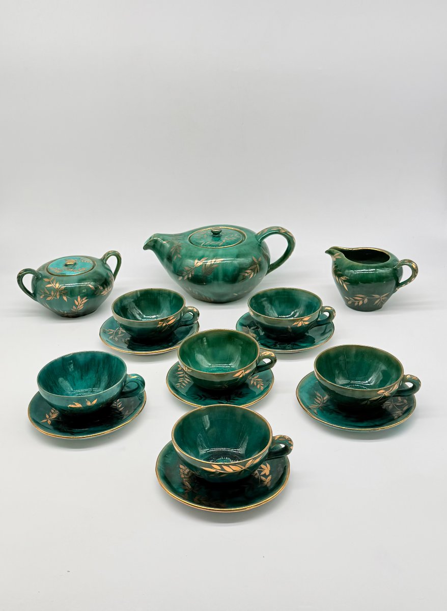 SALORO PERUGIA, service à thé ou café en céramique émaillée et dorée, vers 1950 -photo-2