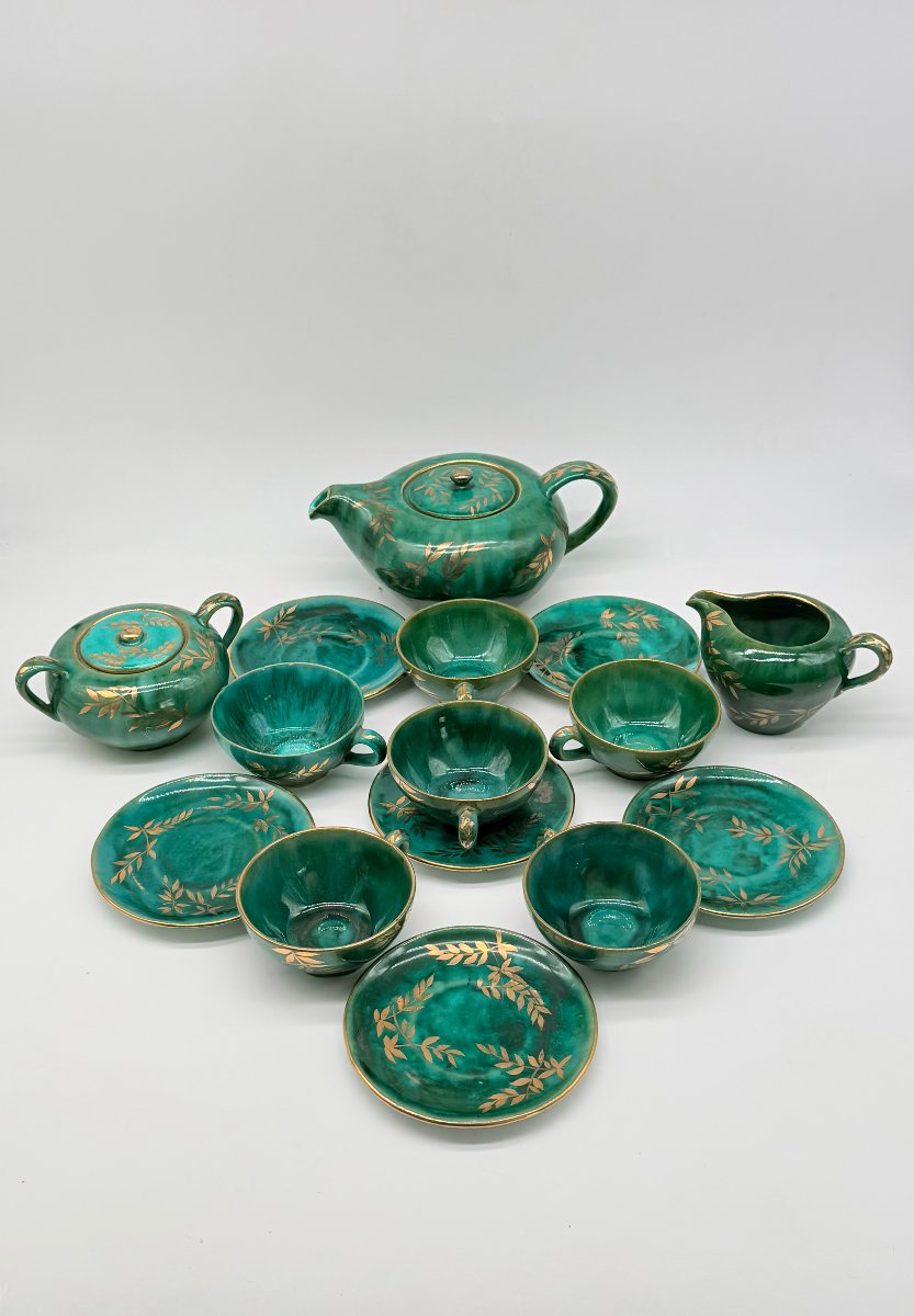 SALORO PERUGIA, service à thé ou café en céramique émaillée et dorée, vers 1950 