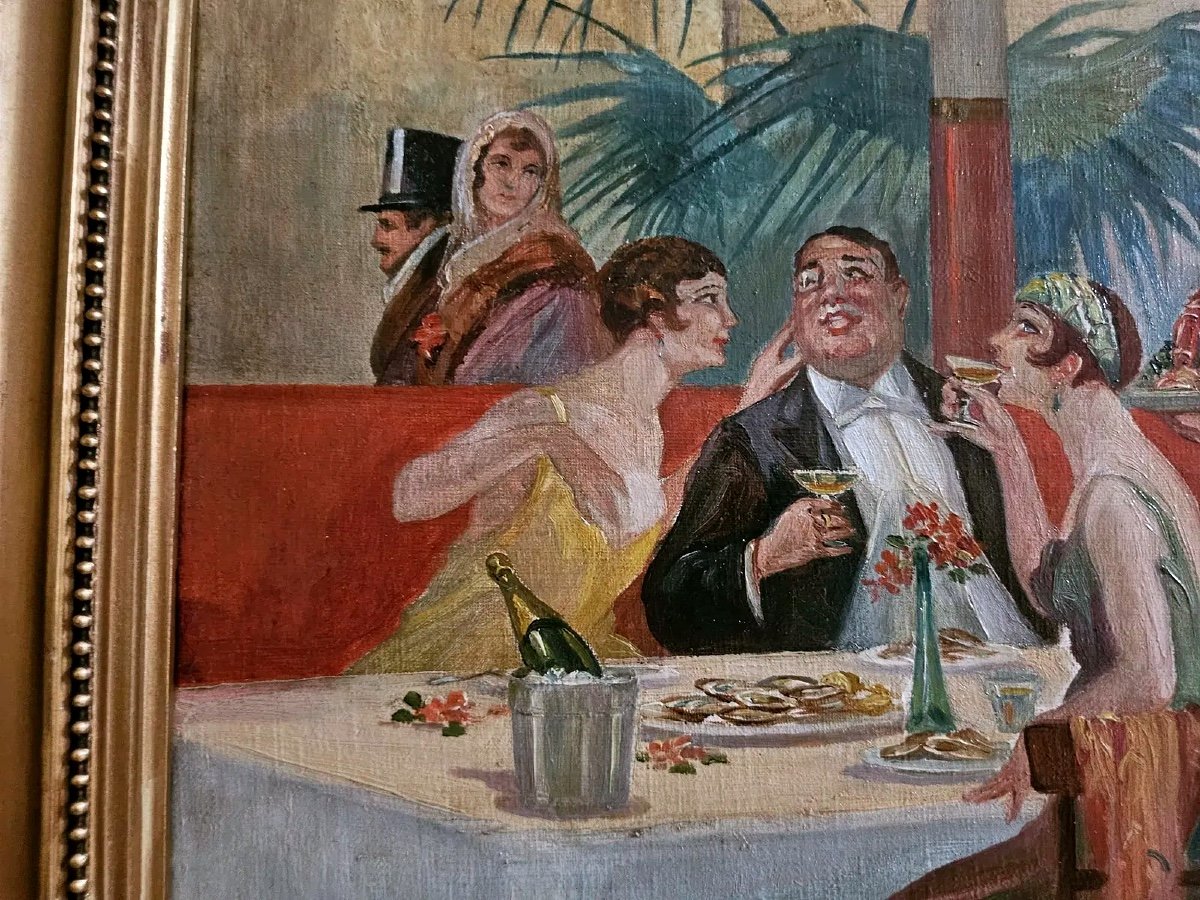 G.X. Wendt – « La Coupole », huile sur panneau signée, scène parisienne-photo-3