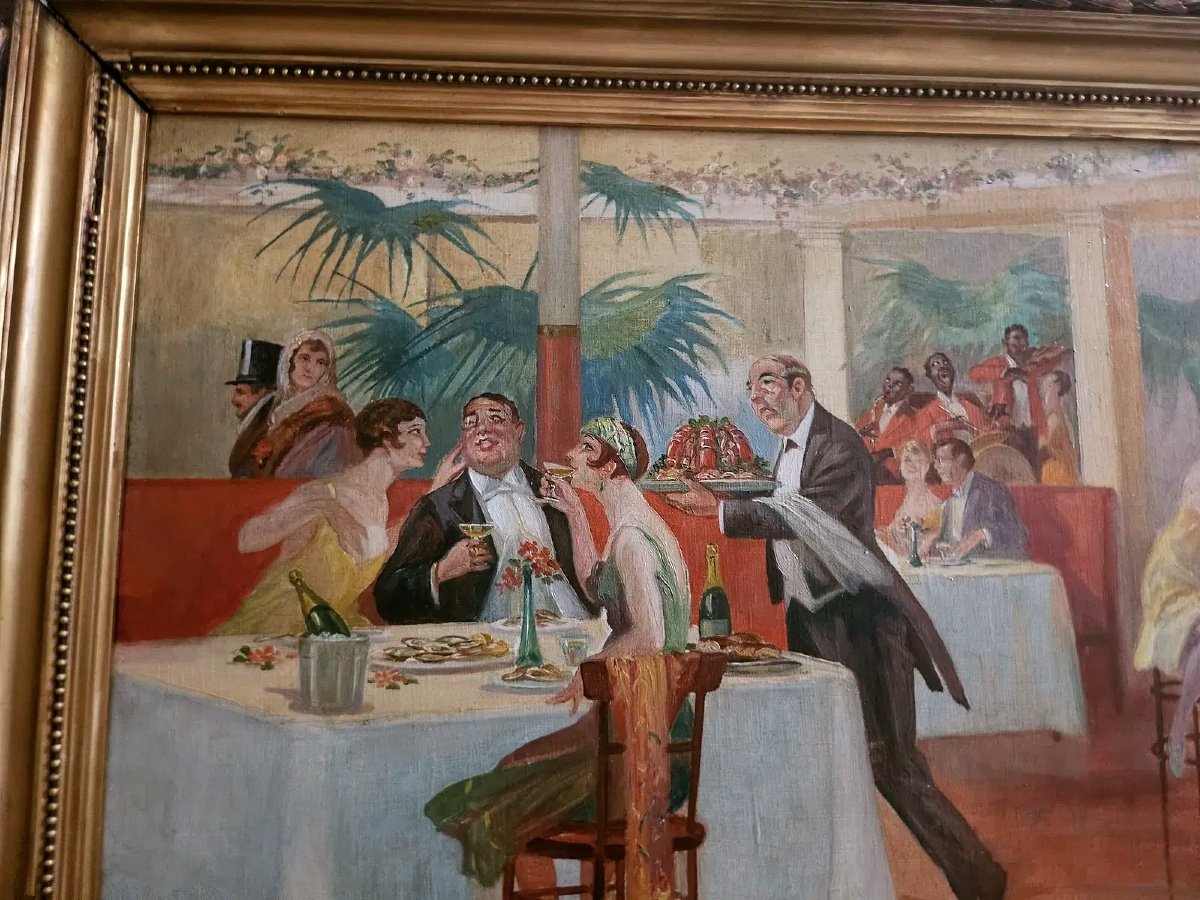 G.X. Wendt – « La Coupole », huile sur panneau signée, scène parisienne-photo-3