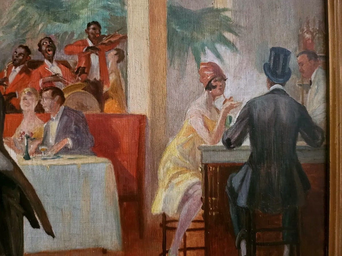G.X. Wendt – « La Coupole », huile sur panneau signée, scène parisienne-photo-5