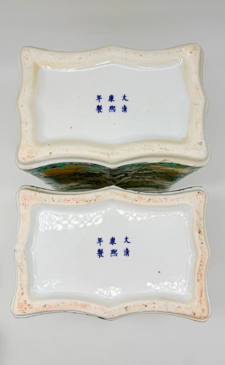 Pair Of Covered Famille Jaune Porcelain Vases, China, Apocryphal Kangxi Mark-photo-1