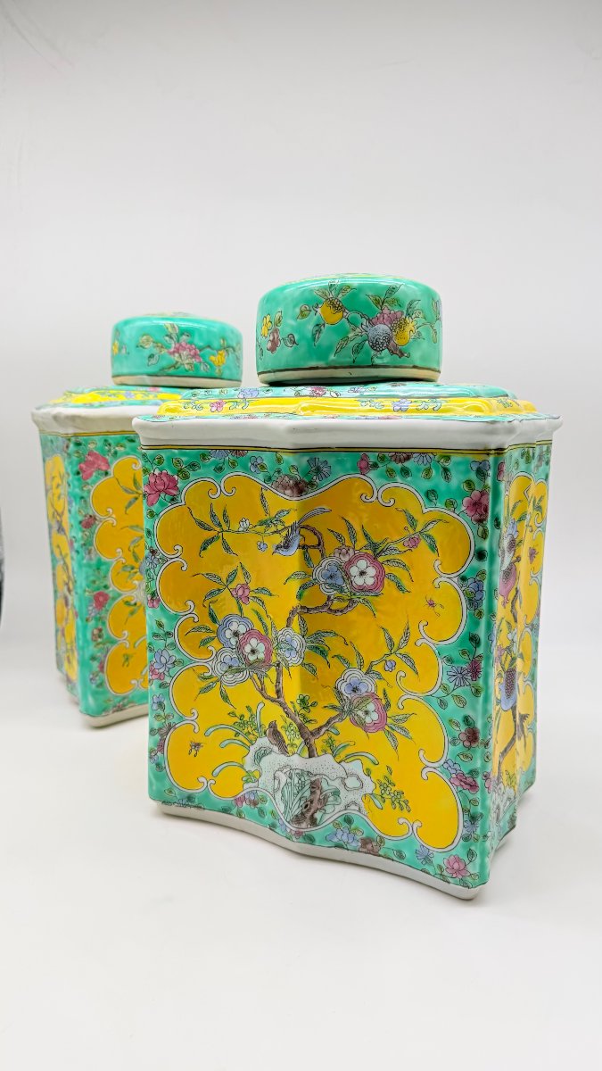 Pair Of Covered Famille Jaune Porcelain Vases, China, Apocryphal Kangxi Mark