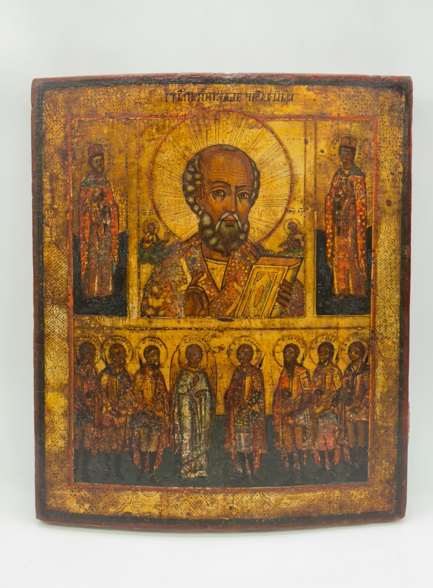 Russian Vetka School, 19th Century, Icon Of Saint Nicholas With Patron Saints