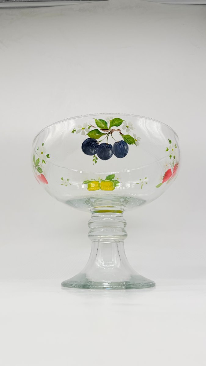 Bohemian Enamelled Glass Footed Bowl With Fruit Decoration, 20th Century-photo-4