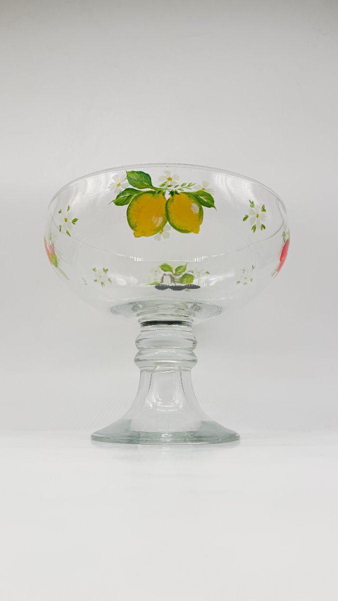 Bohemian Enamelled Glass Footed Bowl With Fruit Decoration, 20th Century-photo-1