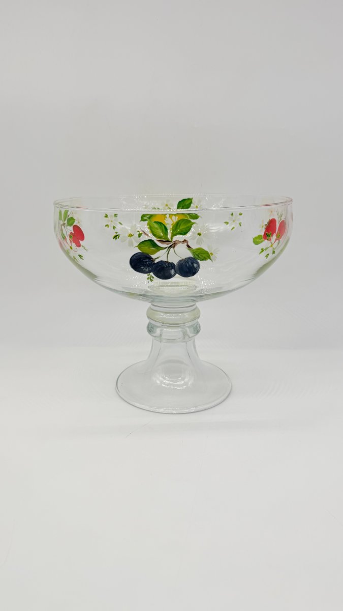 Bohemian Enamelled Glass Footed Bowl With Fruit Decoration, 20th Century