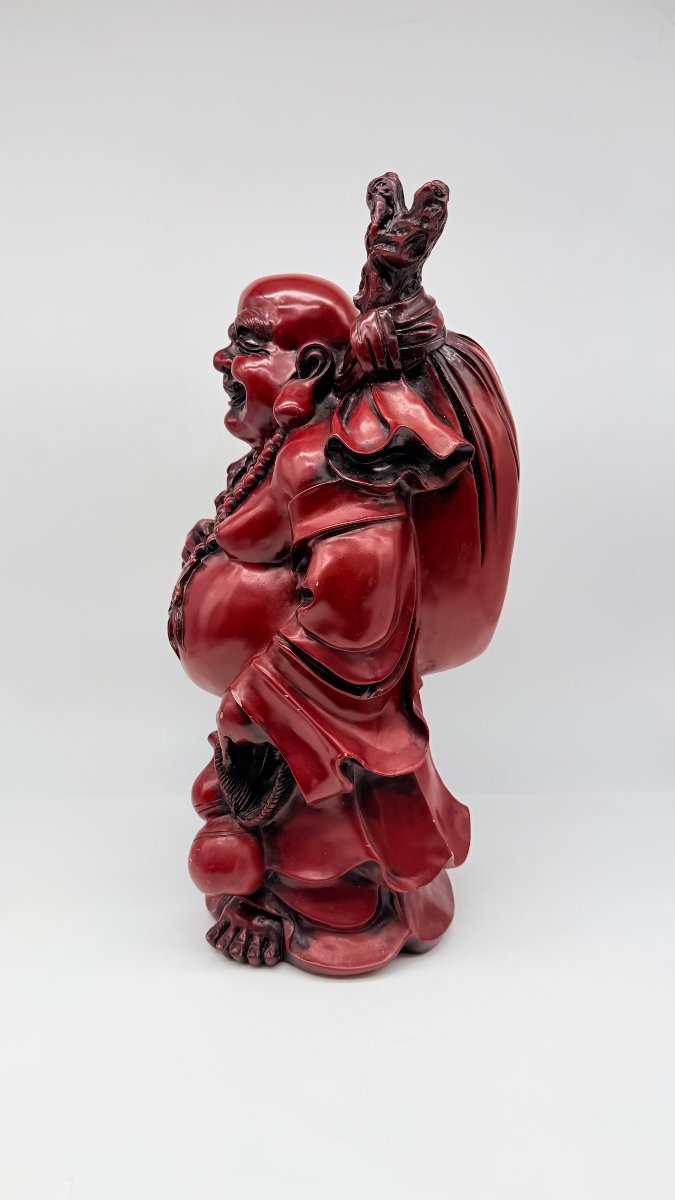 Chinese Red Lacquered Resin Figure Of Budai, Imitating Cinnabar Lacquer, 20th Century-photo-3