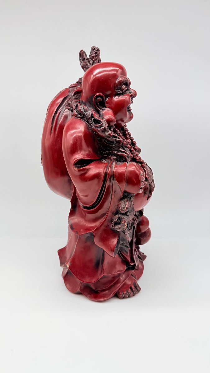 Chinese Red Lacquered Resin Figure Of Budai, Imitating Cinnabar Lacquer, 20th Century-photo-1