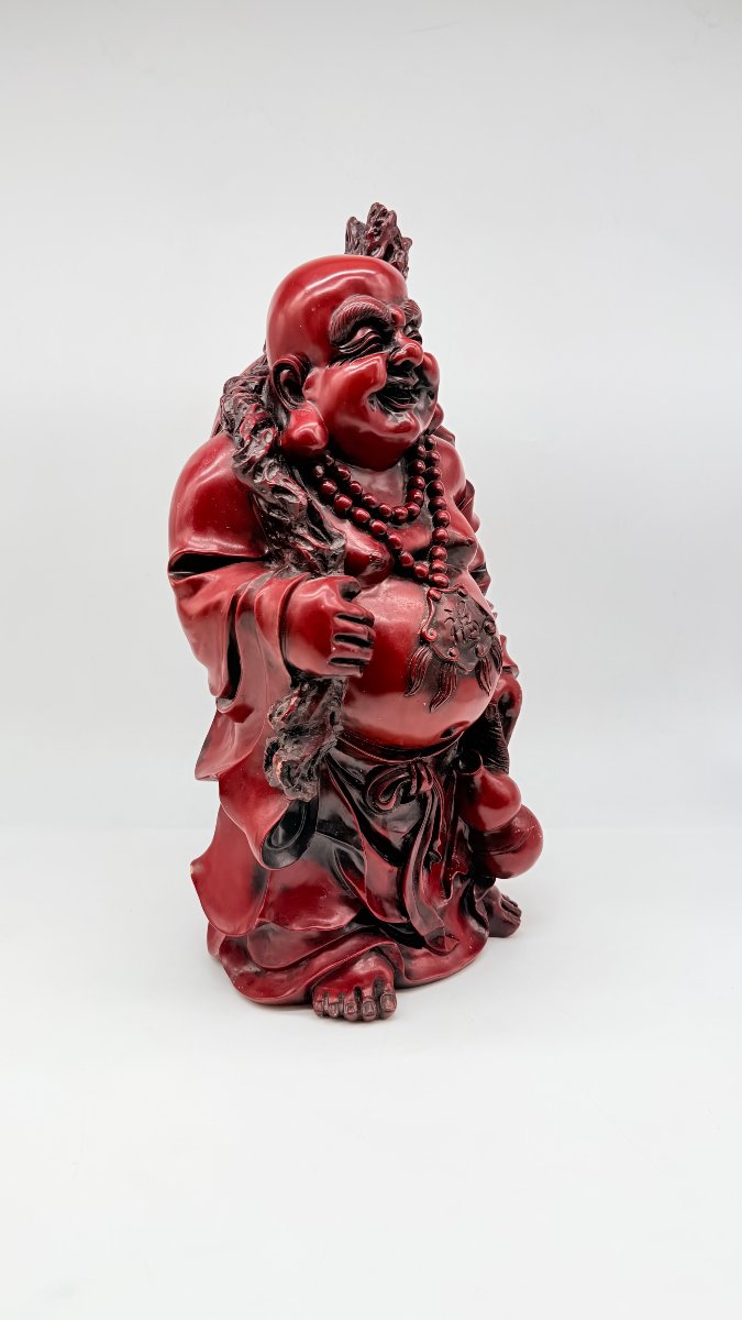 Chinese Red Lacquered Resin Figure Of Budai, Imitating Cinnabar Lacquer, 20th Century-photo-2