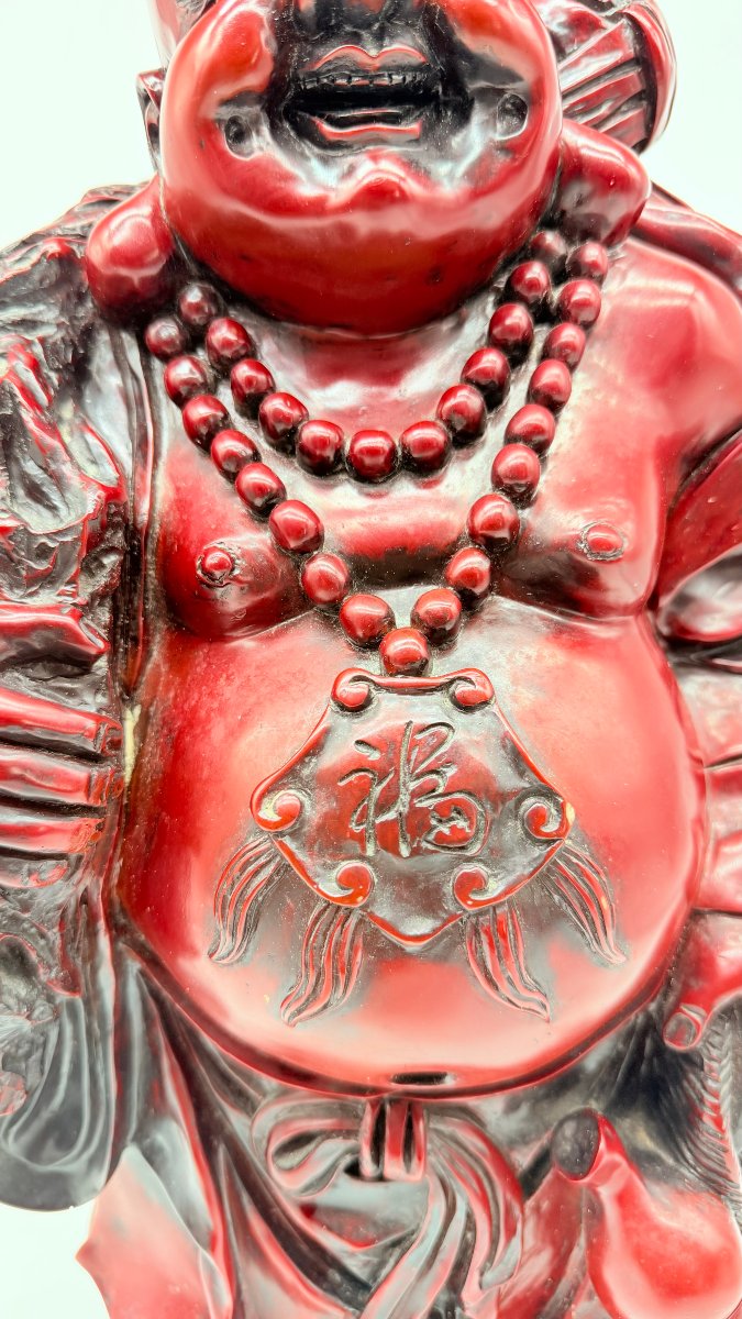Chinese Red Lacquered Resin Figure Of Budai, Imitating Cinnabar Lacquer, 20th Century-photo-3